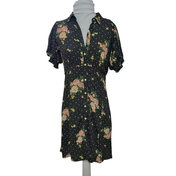 American Eagle Women Gray Floral Puff Sleeve Shirt Dress Goth Grunge Fest Sz XS - Picture 4 of 9